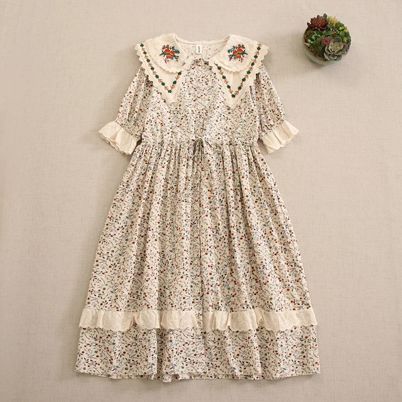 Summer Sweet Double-layer Collar Floral Print Embroidered Dress Women Short Sleeve Single Breasted Vintage Cotton Midi Dresses