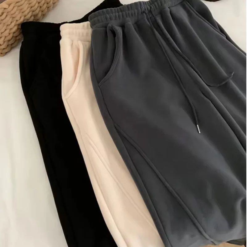 Fleece Pants Women High Waist Baggy Wide Leg Sweatpants Thicken Warm Straight Drawstring Stitching Straight Trousers Female
