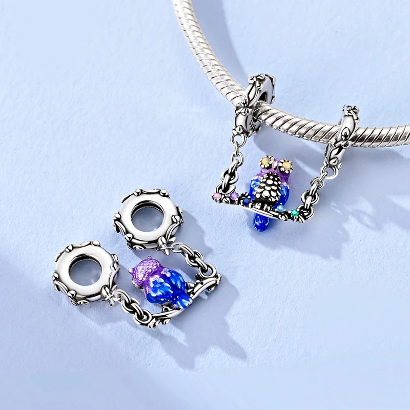Animal Series 925 Sterling Silver Luminous Owl Graduation Season String Decoration Fit DIY Bracelet Necklace Cute Gift Souvenir