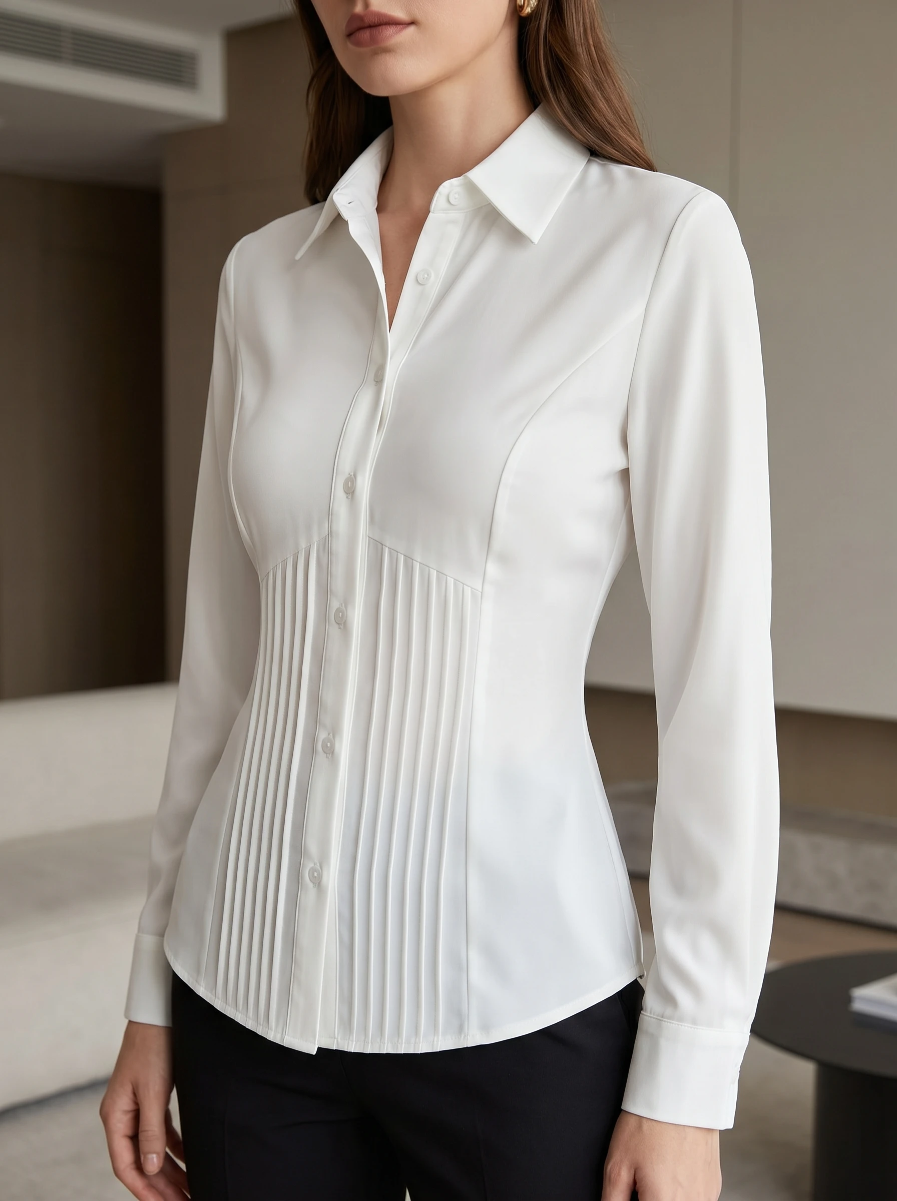 Women Sexy Slim Fit Pleated Button Down Shirt Elegant Long Sleeve Office Blouse - view 2