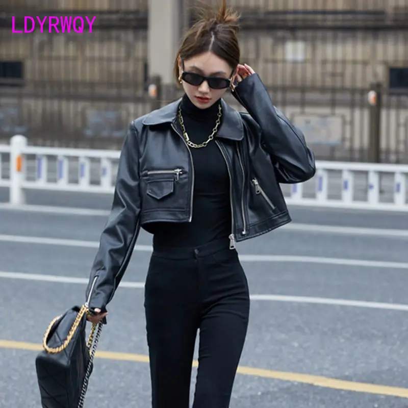 Short leather jacket for women's autumn 2023 new loose fitting fashion motorcycle casual temperament PU leather jacket