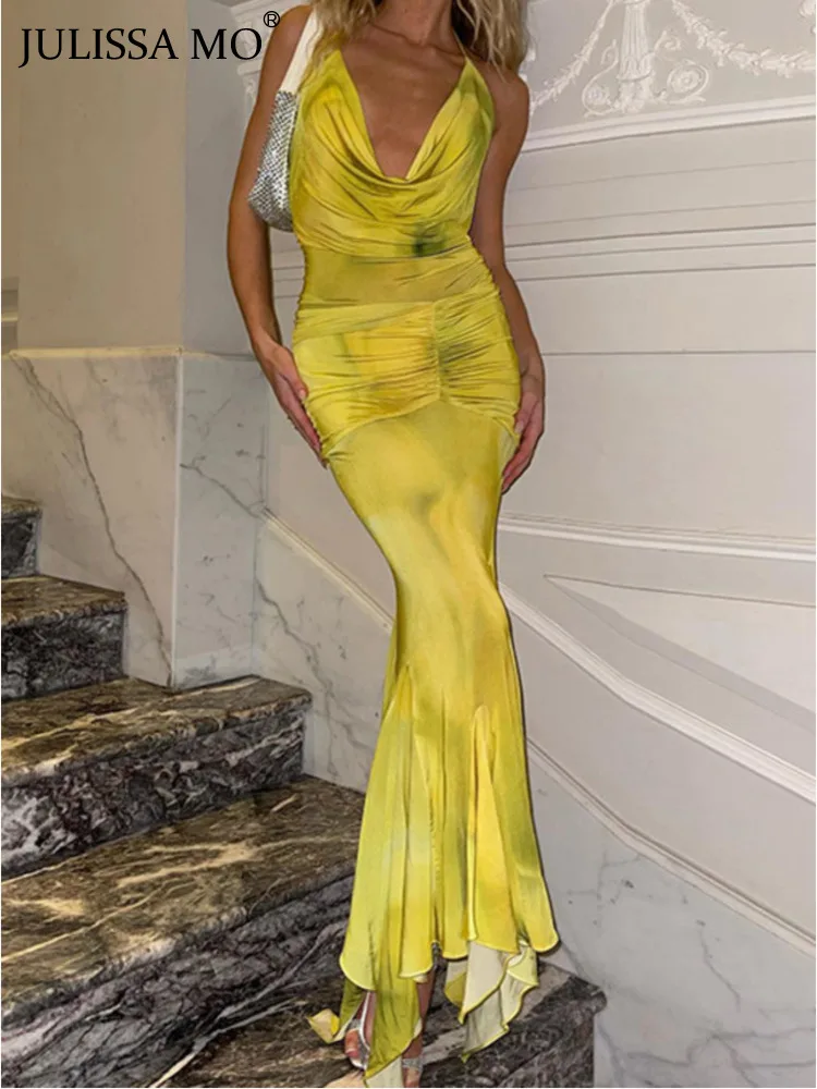 

JULISSA MO Low Cut Print Lace-up Backless Maxi Dress Women's Outfits Summer Chic Ruffles Sleeveless Ruched Slit Long Dresses