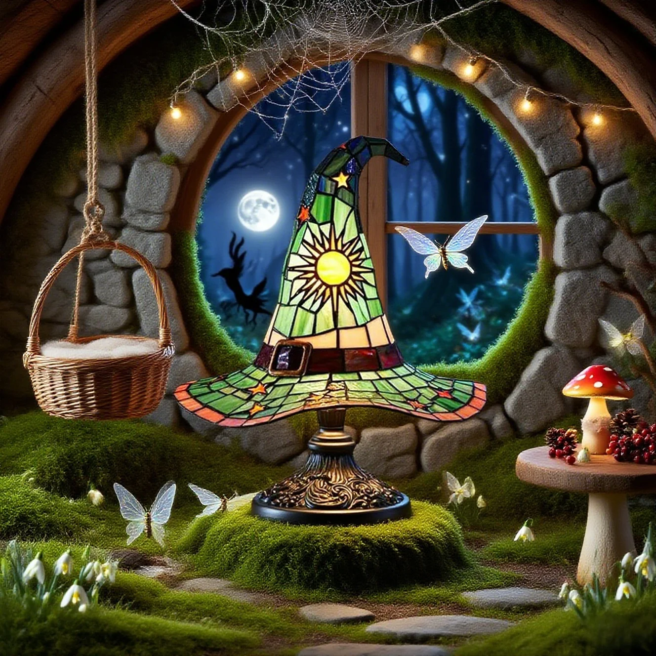 

Halloween Witch Hat Lamp USB Powered Stained Glass Mood Light Creative Table Lamp Night Light Retro Home Bedroom Decoration