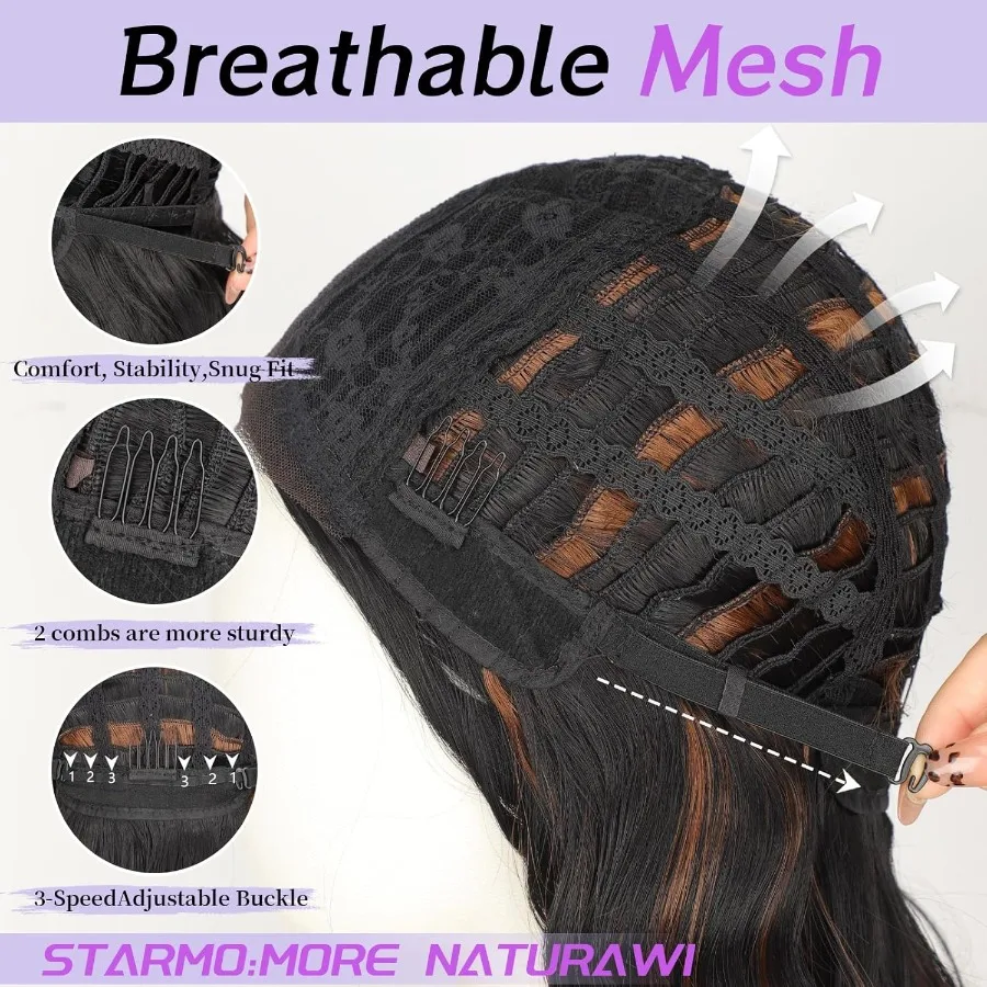 شعر مستعار مموج بطول الكتف باللون الأسود مقاس 14 بوصة مع خط شعر من الدانتيل مسبق القطع والجزء الأوسط للنساء من بوب صناعي مموج طبيعي