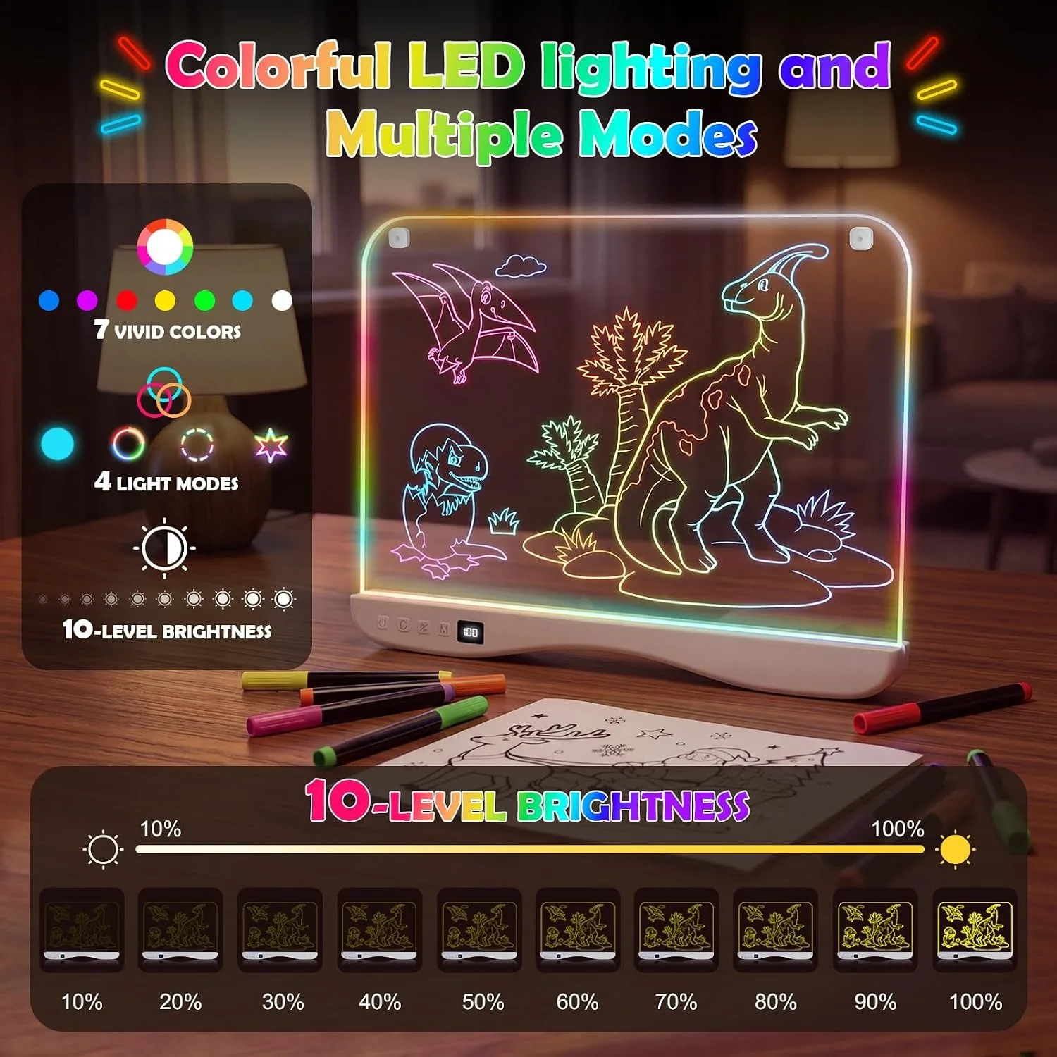 LED Drawing Board for Kids Rechargeable Doodle Pad With Markers Light-Up Acrylic Neon Board Built-in Stand For Girls Boys School