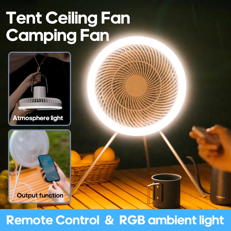 Outdoor Multifunctional Electric Fan 10000mAh Rechargeable Camping Fan Air Circulator Ceiling Fan silent 5 speed with Remote