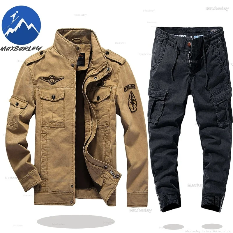 

Maxbarley Motocross Jacket Suit Set Men Retro Windproof Multi Pocket Cargo Pants Two-piece Setoutdoor Spring Autumn Work Clothes