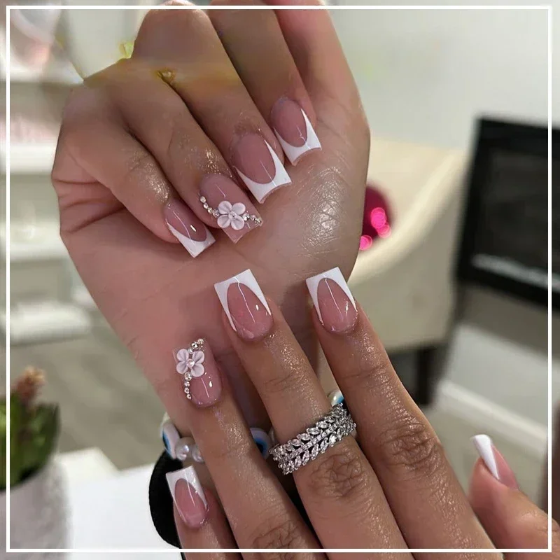 24pcs Short Square Head French Ballet Nails White Edge Flower Fake Nails with Glue Wearable Full Cover Press on Nails Tip Art