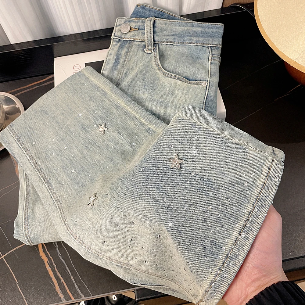 

Американские джинсы с высокой талией и стразами в виде звезд, узкие прямые брюки из денима, женские весенние эластичные широкие брюки