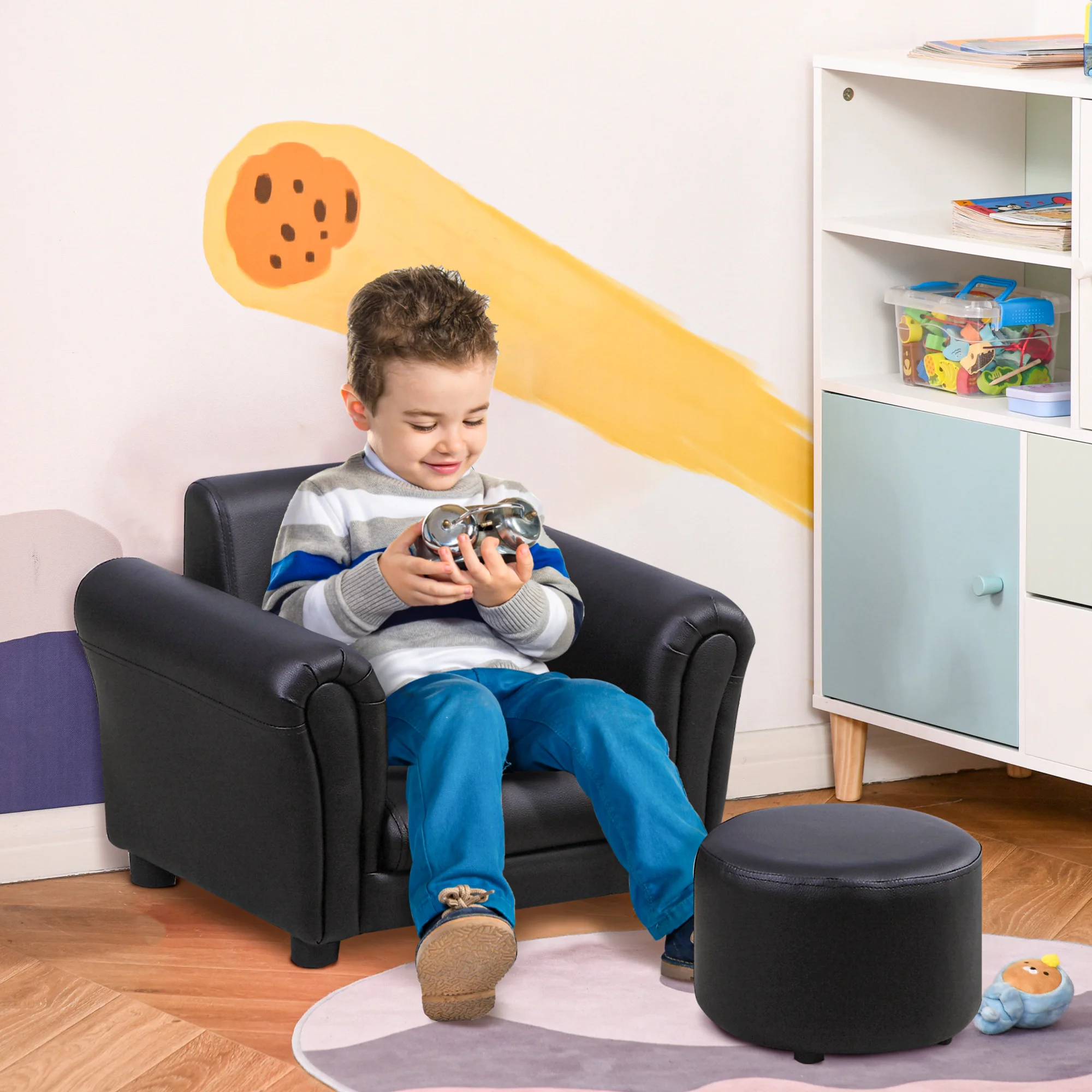 Fotel dziecięcy z podnóżkiem kanapa dziecięca sofa dziecięca mini sofa drewno czarny