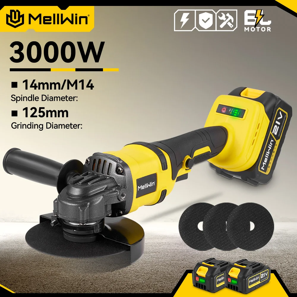 MELLWIN 125mm M14 Bürstenloser Akku-Winkelschleifer, elektrischer Polierer, Metall- und Holzschneidwerkzeug für Makita 18V Akku