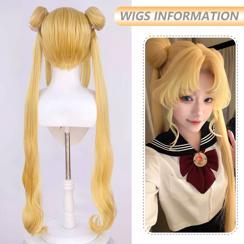 Anime Cosplay Sailor Moon Perücke Tsukino Usagi Goldgelbe Prinzessin Serenity Lange Lockige Synthetische Haare Kostüm-Perücke für Halloween – Detail 3