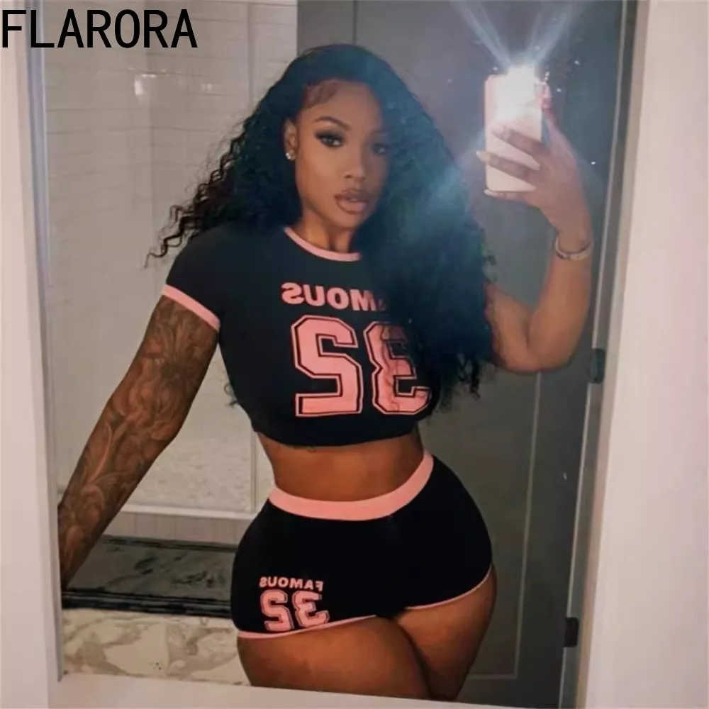 FLARORA Fashion Letter Print Sporty 2 Piece Set Woman Round Neck Slim Crop Tops And Shorts Outfits Casual Streetwear Tracksuits