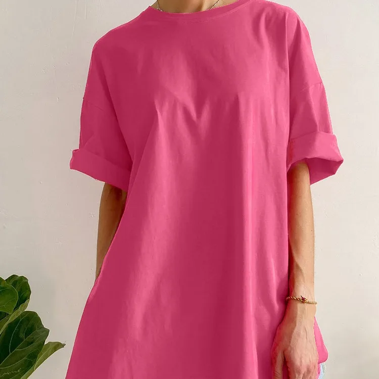 تي شيرت نسائي مريح منقسم ort Sve تي شيرت نسائي مستدير Ne كاجوال من مادة الكتان بخمسة أرباع Sve ملون