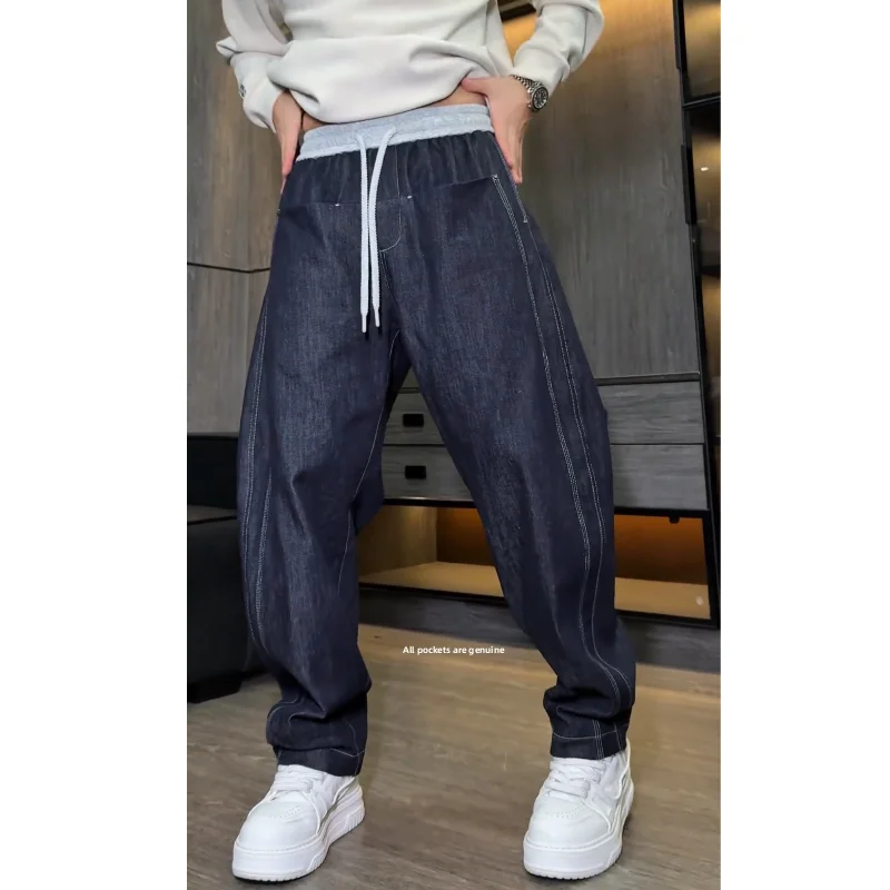 

Spring Autumn Thiened Denim Casual Pants Men's Trendy Patchwork Stitching Design Multi-ket Knife Floor-Length Jeans