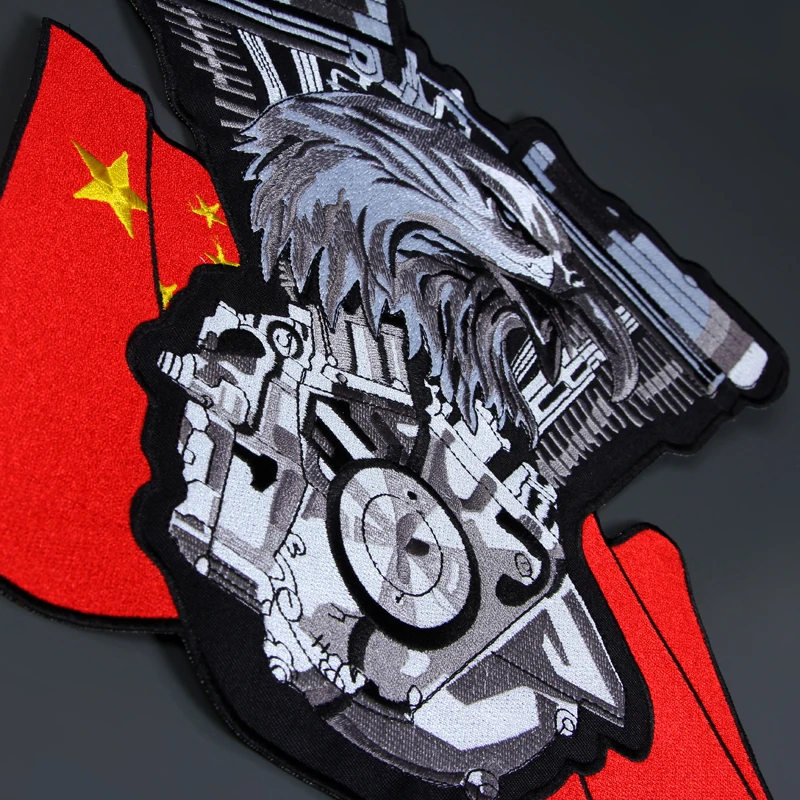 Chinese Flag Eagle Twin Engine 11.2 Inches Embroidery Patches For Jacket Back Vest Motorcycle Club Biker Outlaw 27.4cm *28.6cm