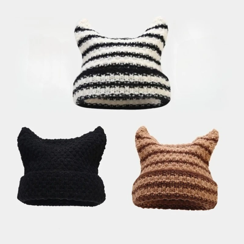 1/3/5PCS New Japanese Streetwear Harajuku Little Devil Striped Knitted Cap Cat Ears Cute Beanie for Women Girls Autumn Winter