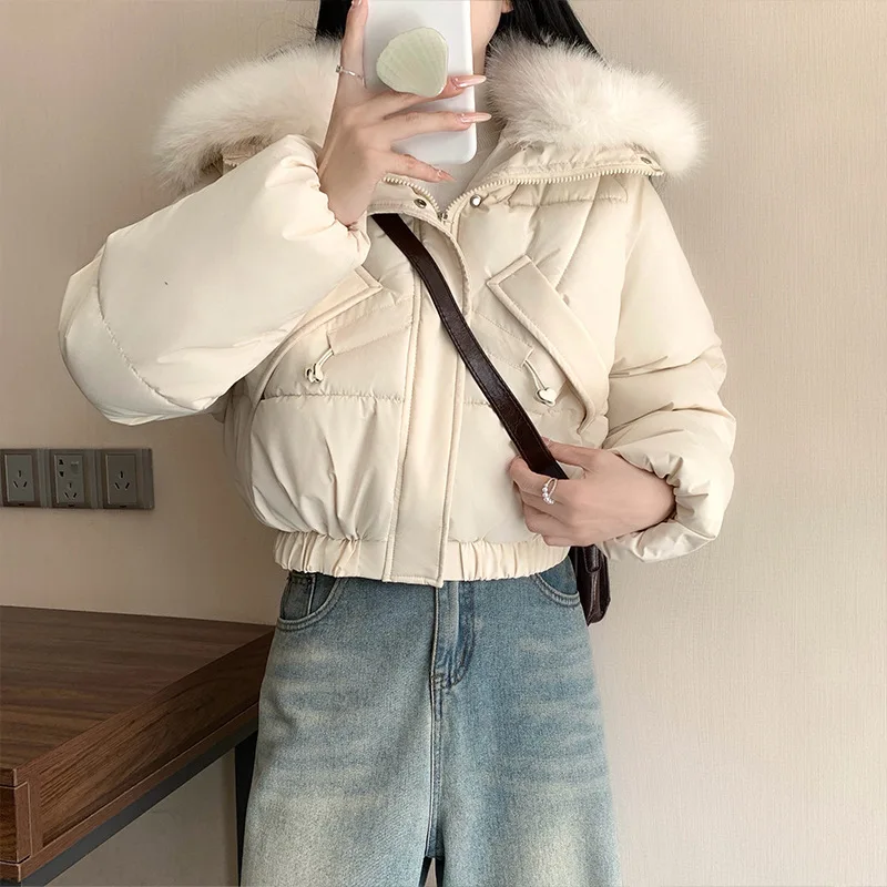 

Утолщенное женское зимнее стеганое пальто, однотонные карманы, эластичные манжеты, меховой воротник, женская куртка-парка, куртка в Instagram-стиле для женщин