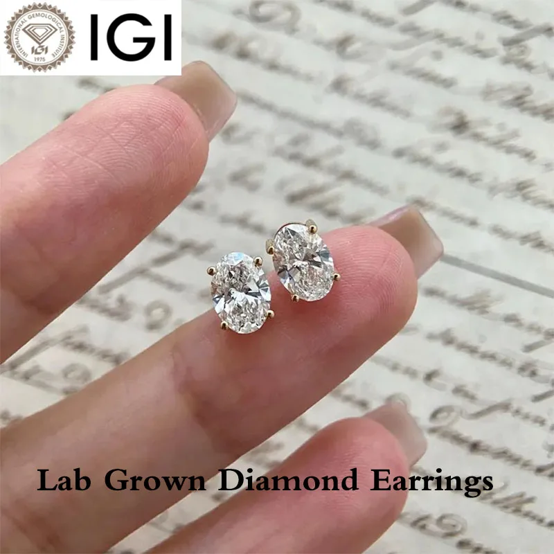 2 CTW DEF VS VVS Oval cut Lab Grown Diamond Earrings IGI Certificate CVD HOHT 14K Gold Oval Diamond Studs
