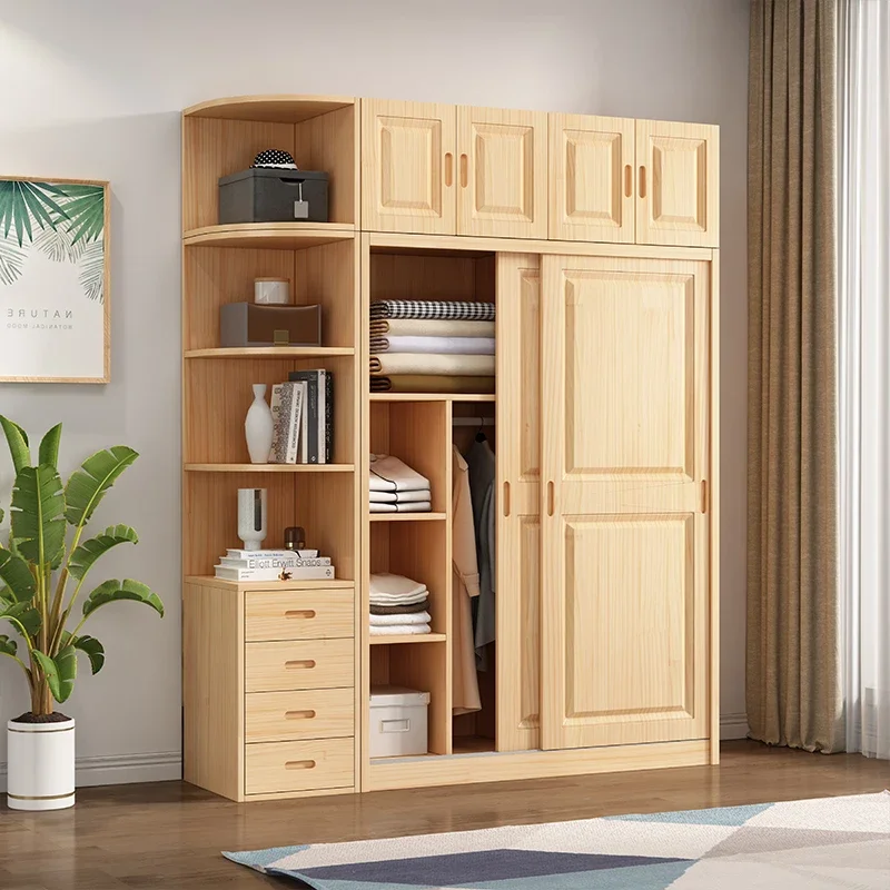 All solid wood sliding door wardrobe modern log clothing cabinet simple wardrobe