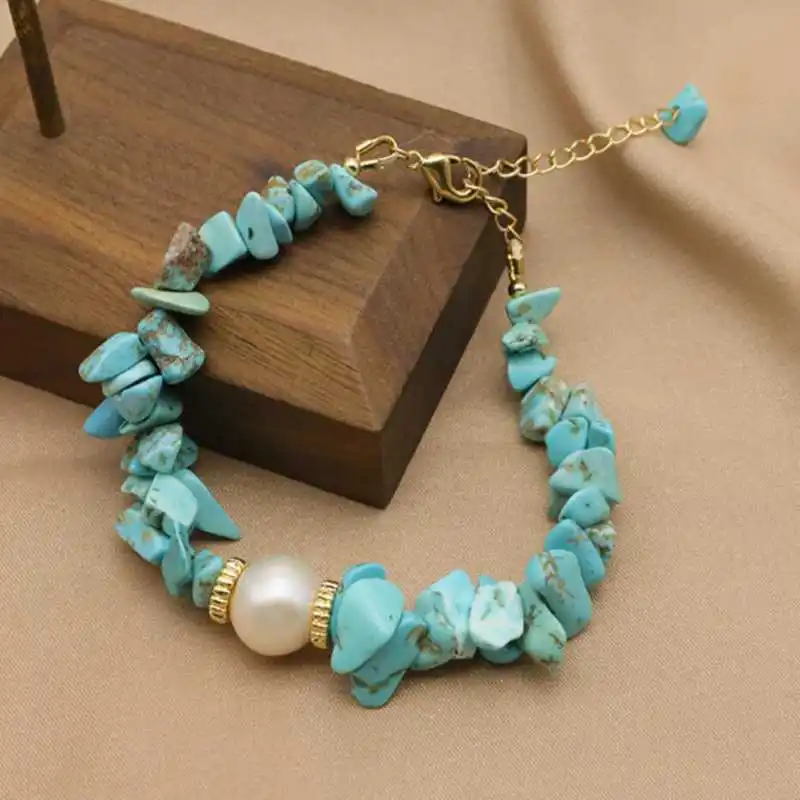 

Natural Turquoise Chip Bead Bracelet Women's Freshwater Pearl Charm Adjustable Wristband