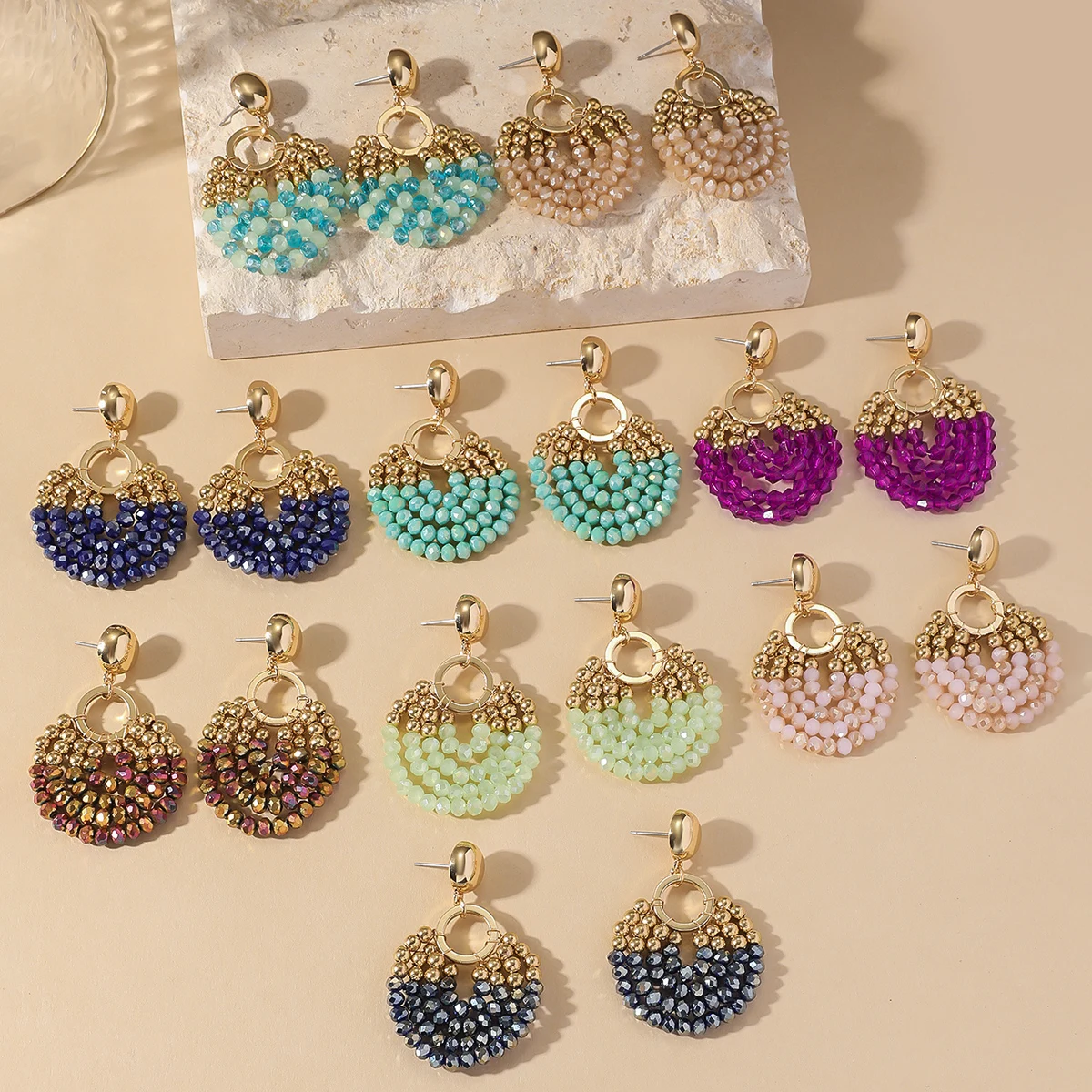Elegant Layered Round Beaded Drop Earrings for Women Boho Handmade Crystal Beads Earrings Fashion Jewelry Party Accessories Gift