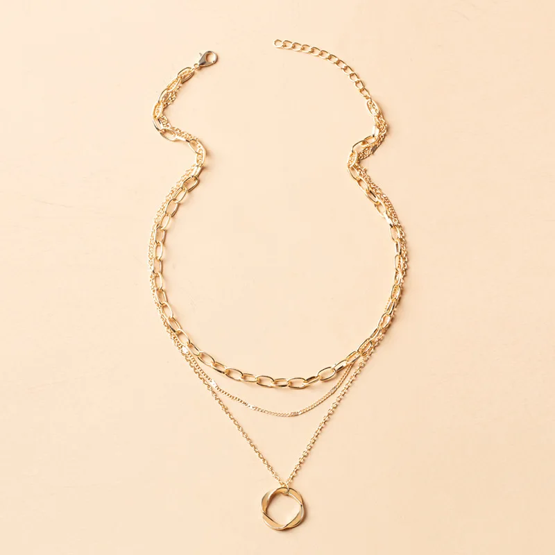 Women Multi Layered Twist Ring Pendant Necklace Gold Silver Tone Paperclip Chain Stackable Dainty Layering Fashion Jewelry