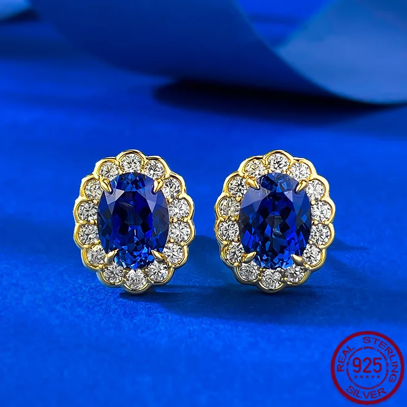 

New S925 Silver Royal Blue 6 * 8mm Elliptical Egg shaped Earrings for Daily Fashion Wedding Jewelry
