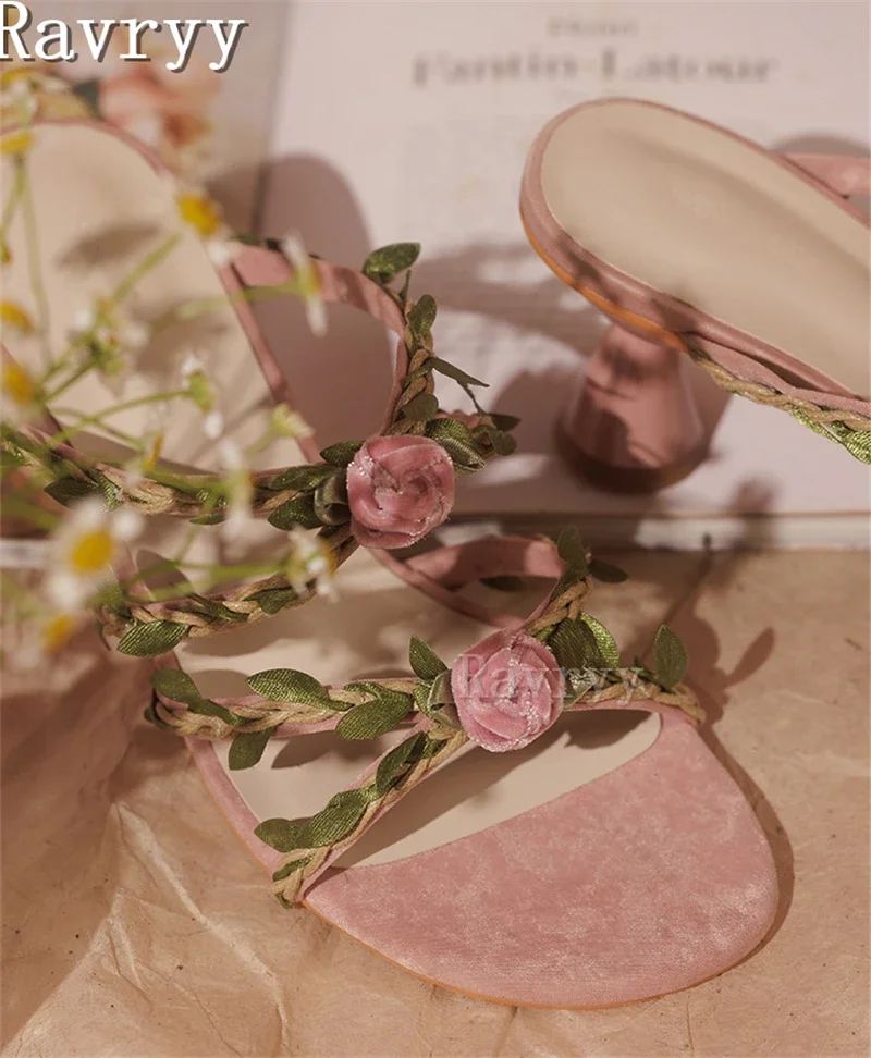 Pink Flower Vine Slippers Lovely Women Vacation Sandals Fairy Style Round Open Toe High Heel Party Wedding Shoes