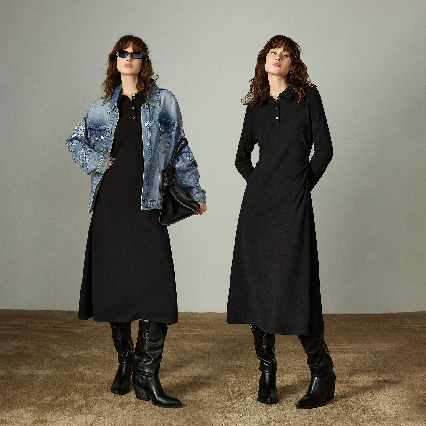 TOYOUTH Vestidos femininos 2025 inverno novo vestido polo de comprimento médio com babados na cintura vestidos de camada de base quente