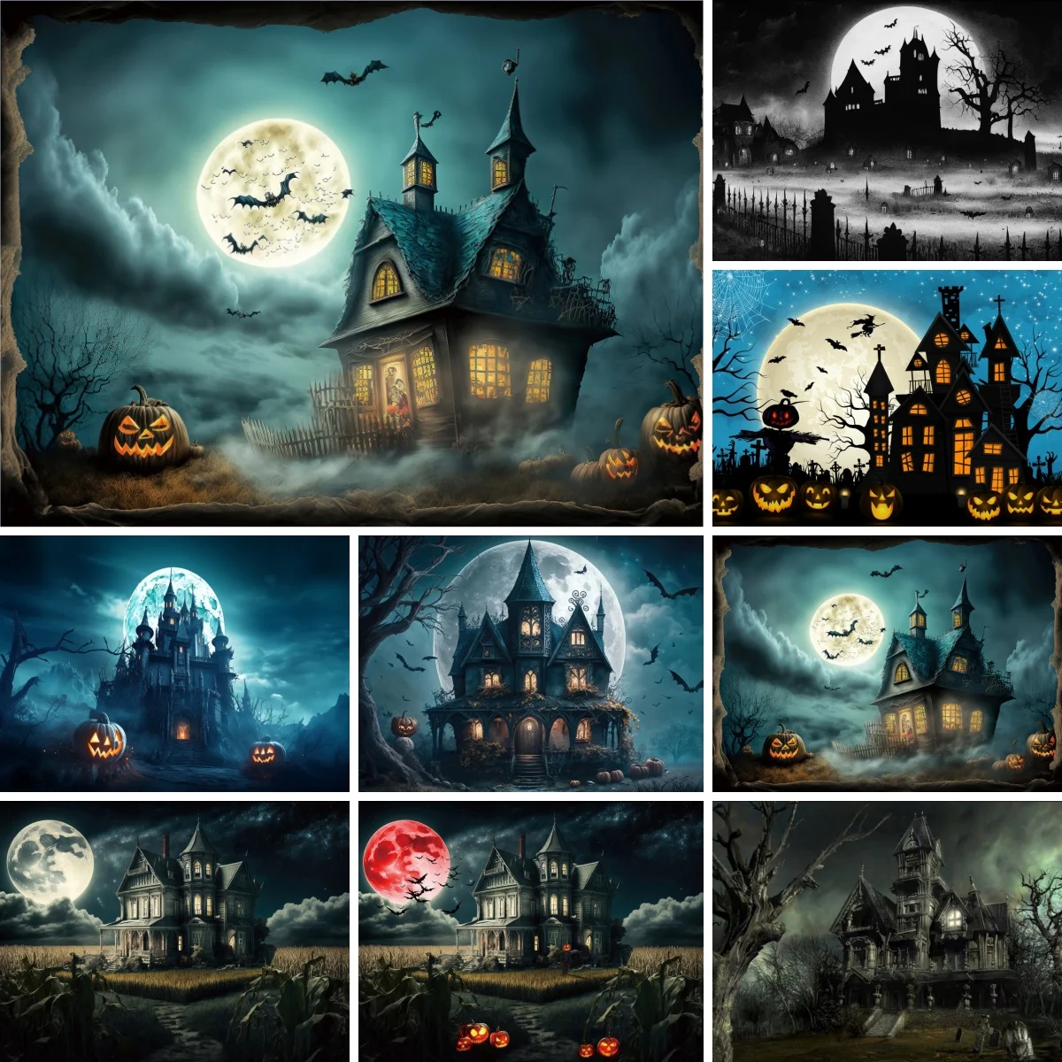 Halloween Backdrops Photography Castle Moon Tomb Pumpkin Lights Witch Party Photozone Horror Night Theme Background Photo Studio