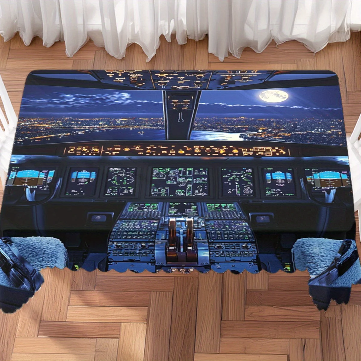 Airplane Cockpit Night City View Print Waterproof Washable Tablecloth, Rectangular Table Cover for Aviation Home Party Decor