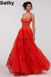 Dathy Tangerine Tulle Ormant Prom Dress Backless Lace Up Long Dress Heavy Work Layered Hem 3D Formal Evening Dress