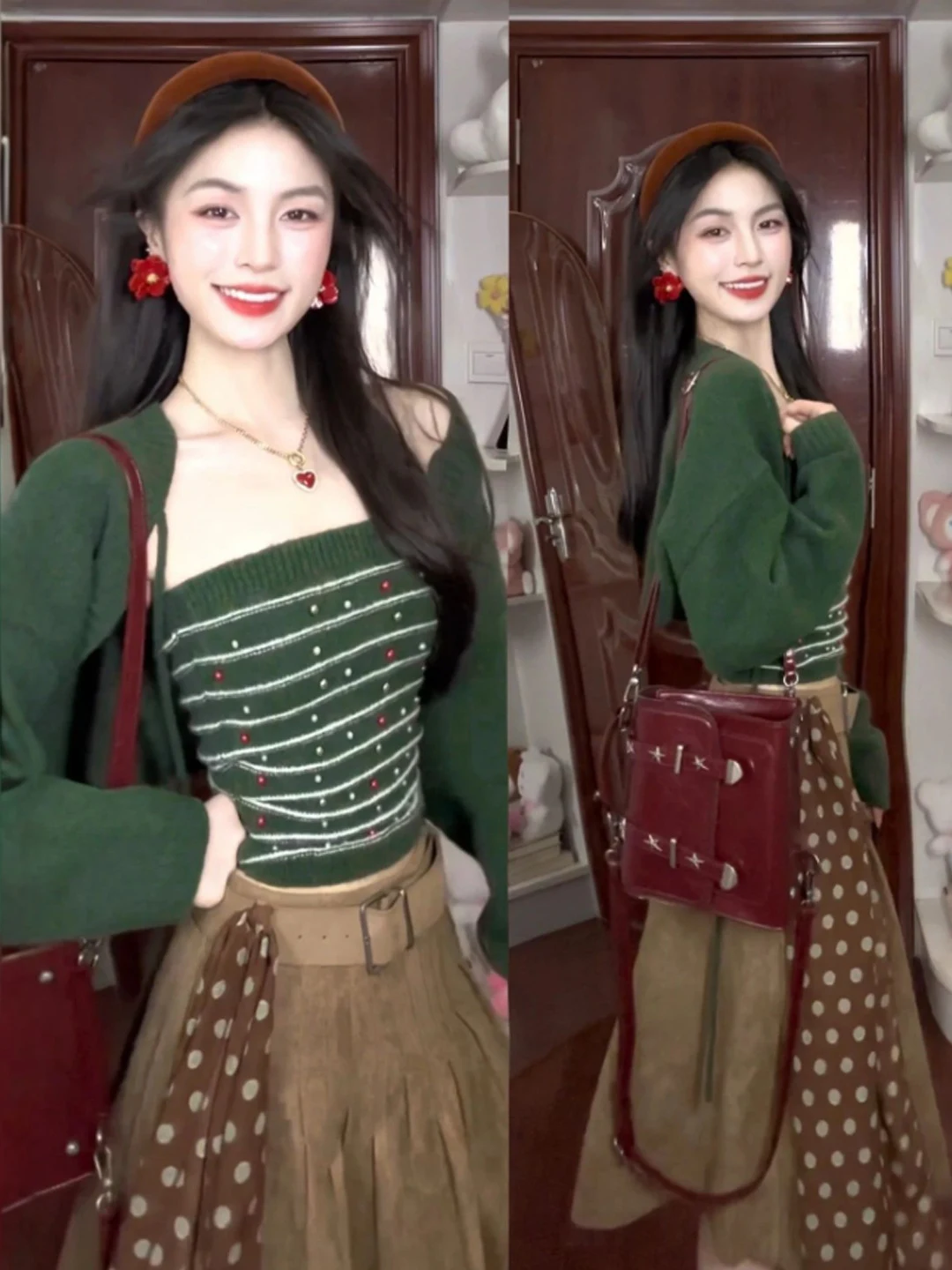 

Retro Soft Knitted Cardigan And Tube Top Two-Piece Set Youthful Spring Collection Comfortable Long Sve round Ne Casual Wear