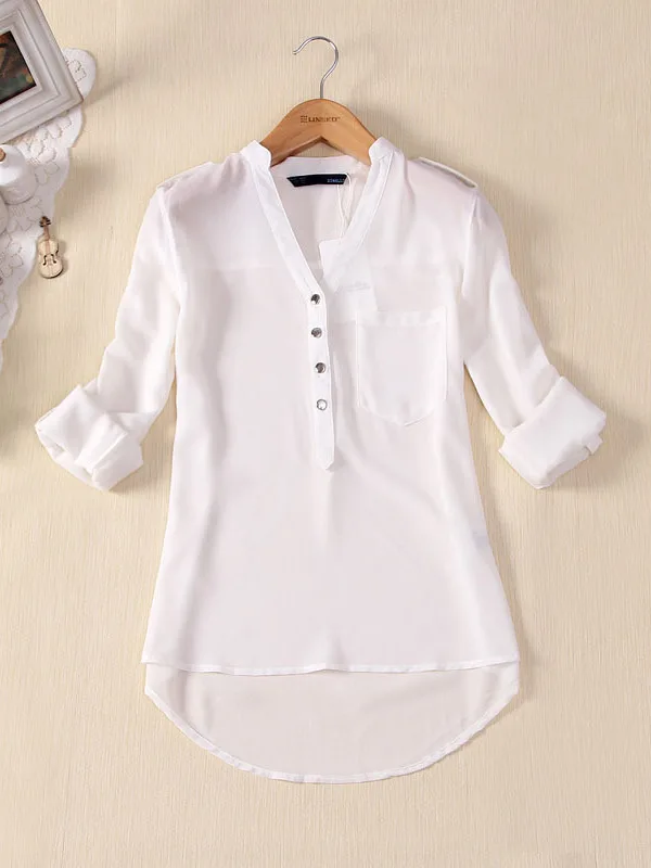 

Летняя модная блузка Longsved с длинным рукавом, V-образным вырезом, из шифона, с защитой от солнца, круглым низом, в уличном стиле, с кружевными вставками, из полиэстера