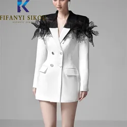 Double Breasted Suit Jacket Women Lace Spliced Fashion Design Blazer Jacket 2024 Spring Ladies Elegant Chic Slim Blazers Coat