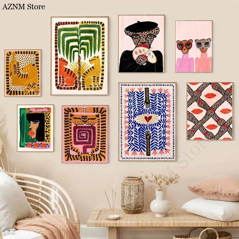Altes Ägypten Bunte abstrakte Boho Poster Tiger Leopard Figur Wand Kunstdrucke Leinwand Malerei Bilder für Wohnzimmer Dekor