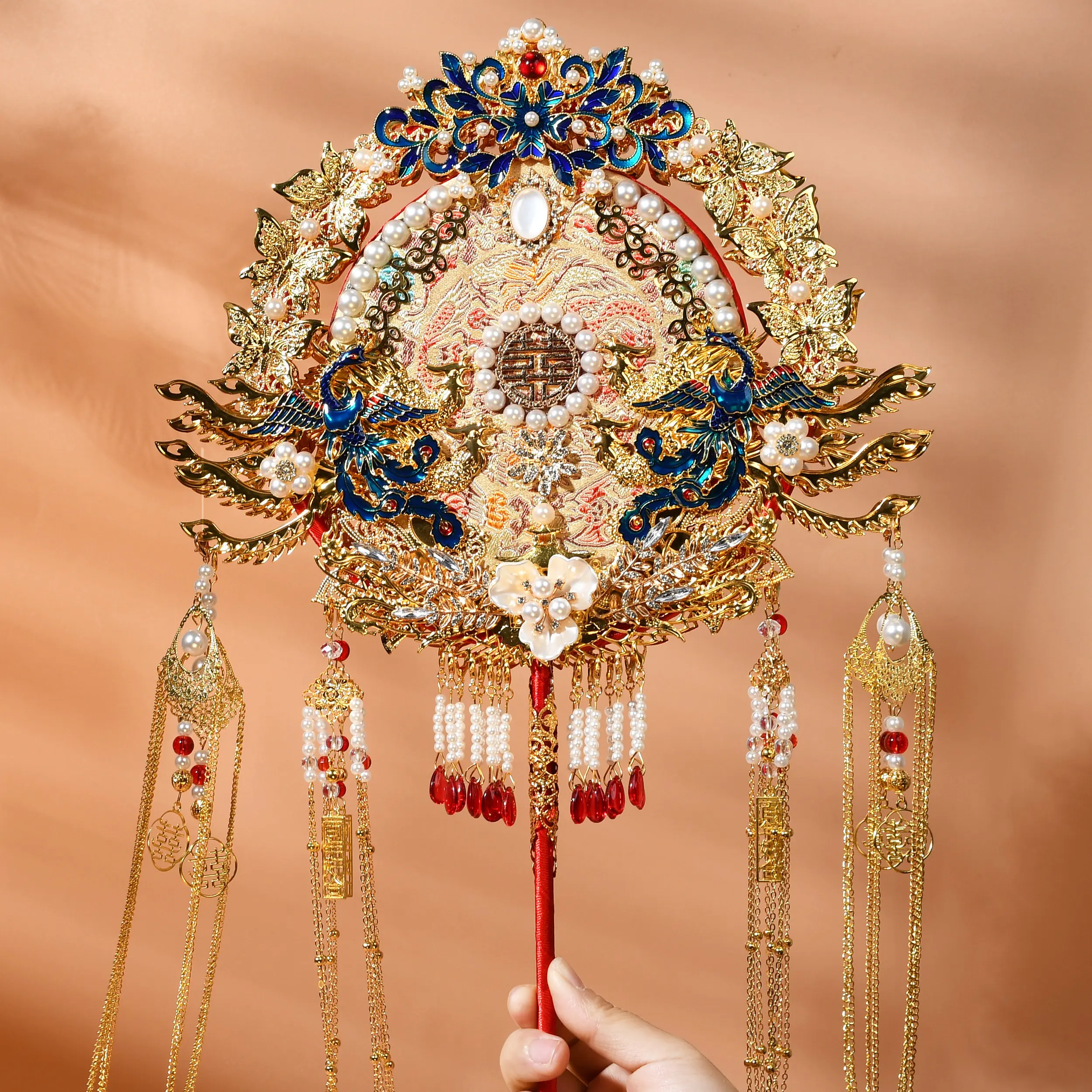 Double Sided Chinese Bridal Fan DIY Material Package, Luxurious Dragon and Phoenix Embroidery Tassel Handheld Photography Prop