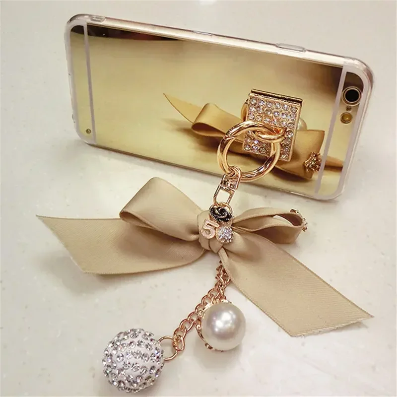 Soft Mirror Phone Case Cover, Luxury Bling, Diamond Rhinestone, Bowknot Pendant, for Samsung S23 Ultra, S24, S21, S22, Note20