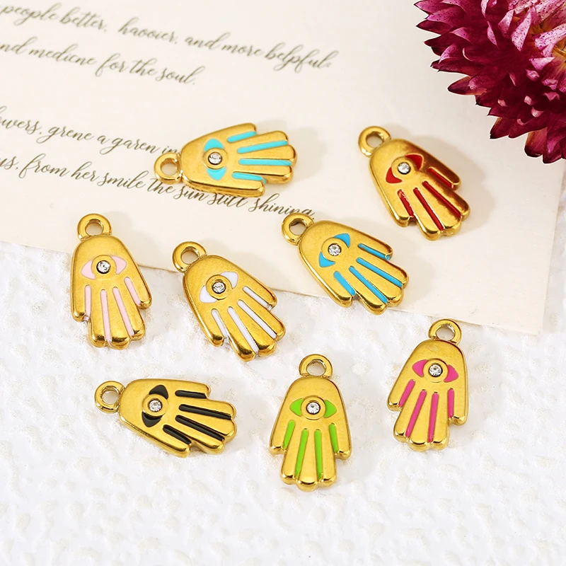 

5pcs Stainless Steel Retro Colorful Hand Palm Eyes Enamel Charms PVD Gold Small Pendant DIY for Necklace Earrings Jewelry Making