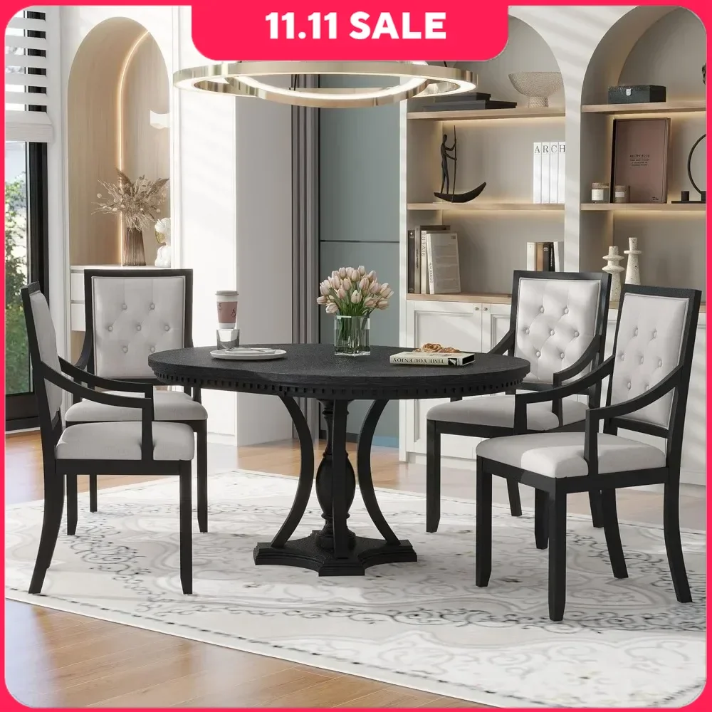 Dining Table Set, Extendable Dining Table with 4 Wood Chairs & Cushion, Round Dining Table Set, 5 Pcs