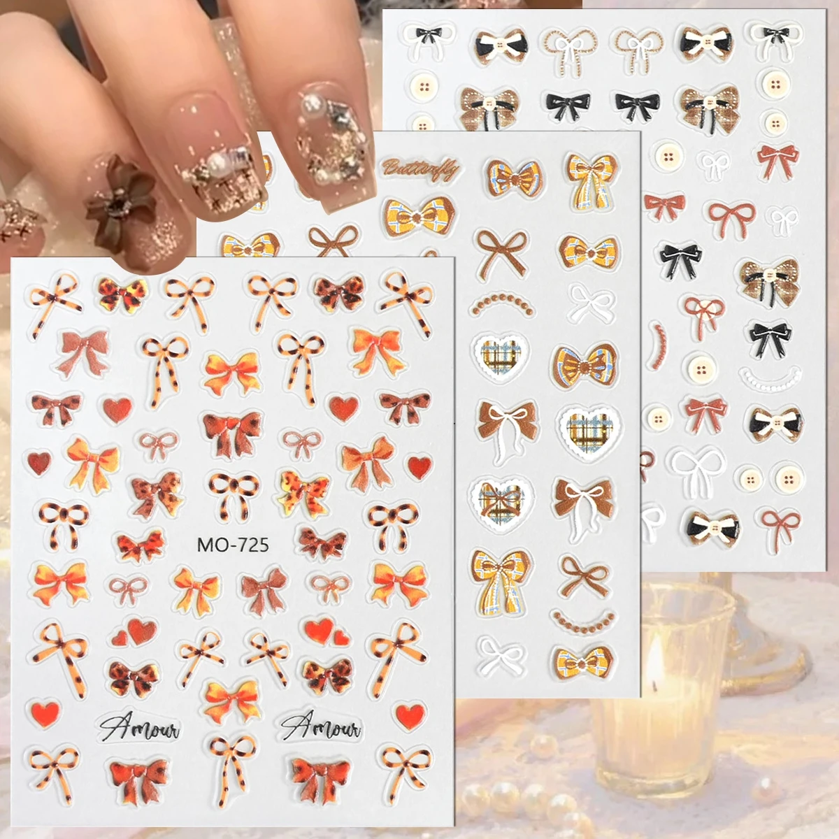 

3/6/12 Sheets 5D Bow Heart Nail Stickers Tweed Plaid Ribbon Self Adhesive Valentine Love Nail Decals