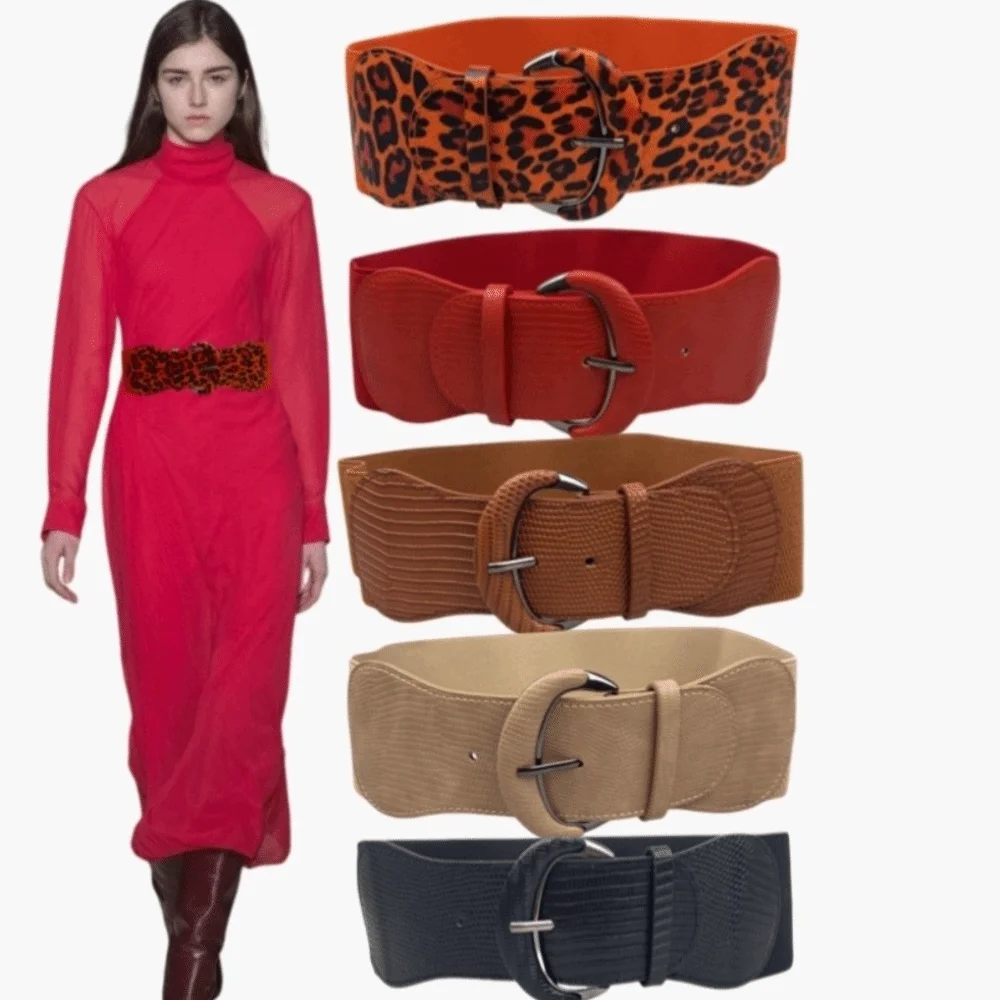 Fajas elásticas de PU adelgazantes, tela con estampado de leopardo, pretina femenina, vestido elástico, faja, cinturón de cintura ancha