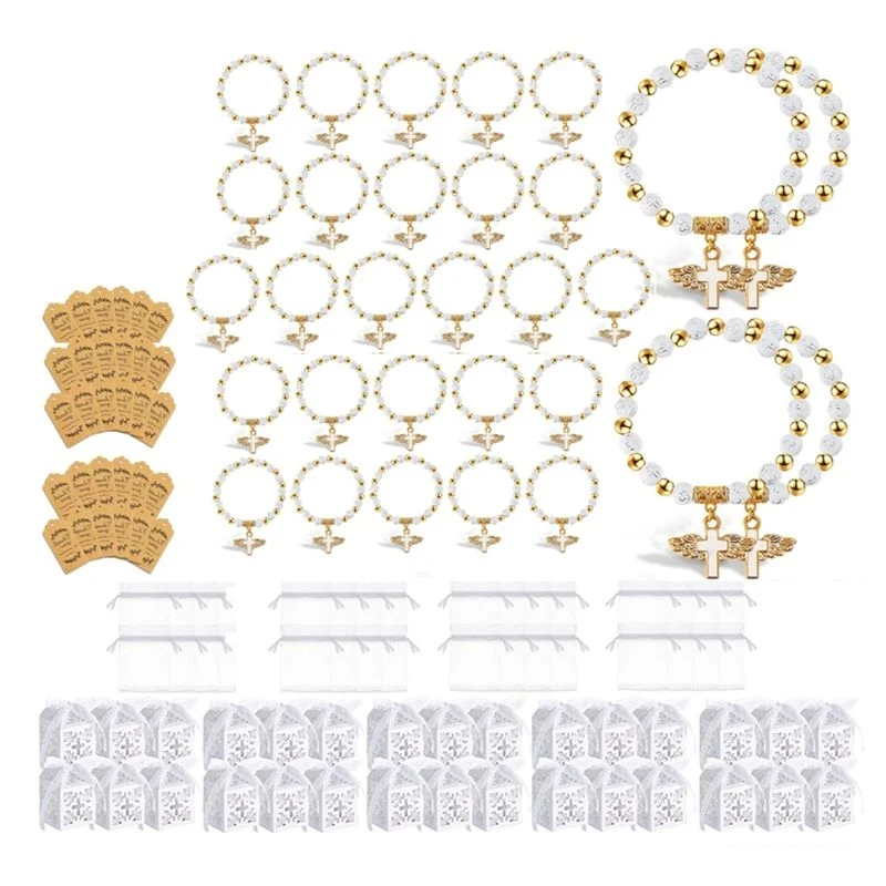 30PC Cross Rosary Bracelets Cross Charms With Angel Wing Acrylic Baptism Beaded Bracelets For Women Men Baptism Favors