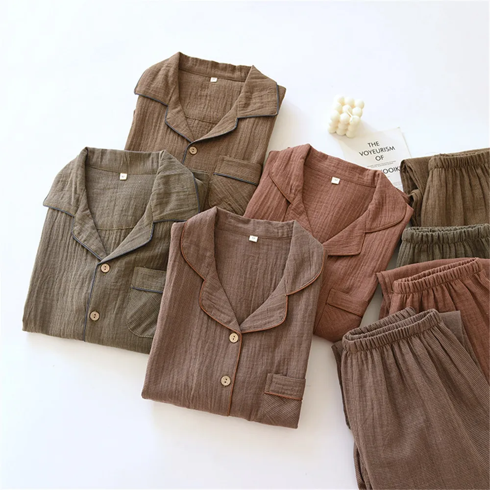 

Couple Cotton Pajama Sets For Women Men Pyjama Loungewear Nightwear Long Sleeve Shirt Trousers Sleepwear Lover Pijamas