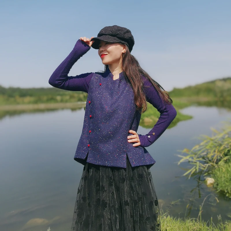 

Женский жилет из твидовой ткани с цветочным узором, осенне-зимний, оригинальный дизайн, воротник-стойка, асимметричный подол, боковые пуговицы, смесь хлопка