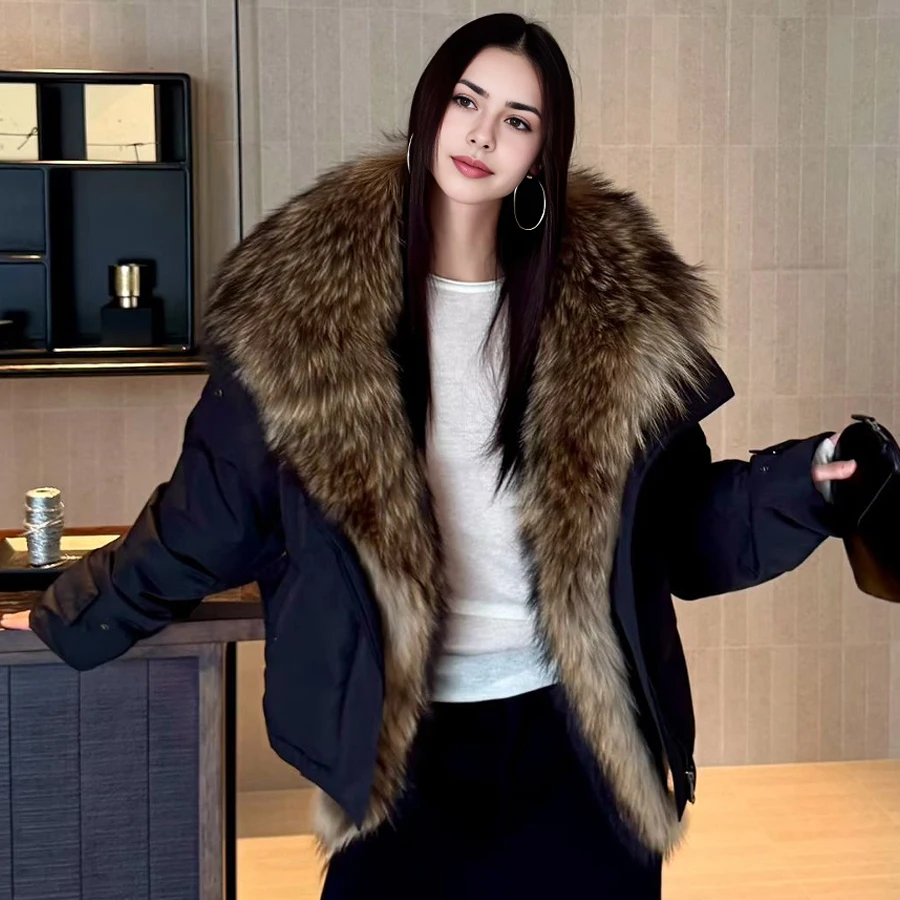 أسفل سترة مع الراكون الفراء طوق الشتاء الفراء الحقيقي جودة عالية الدافئة أزياء النساء الملابس