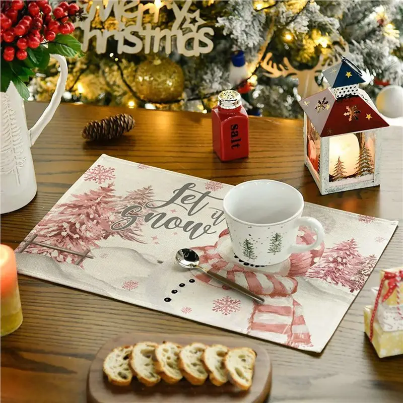 ABBP-16PCS Xmas Trees Snow Pink Christmas Placemats Winter Table Mats For Kitchen Dining Decoration B