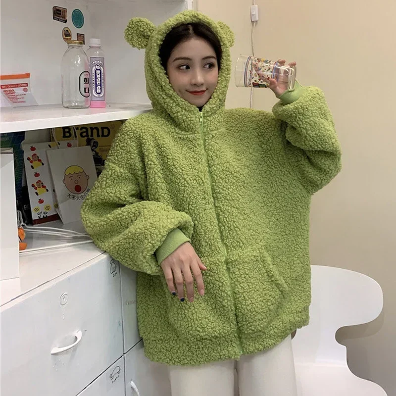 Outono inverno kawaii sapo moletom com capuz zip-up lã de pelúcia oversized hoodies feminino engrossar quente outwear bonito animal topos