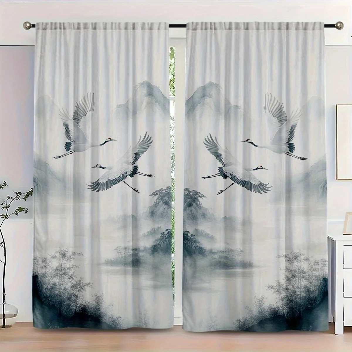 2pcs Curtains Show Elegant Flying Cranes Over a Tranquil Lake Surrounded by Misty Mountains. Designed with Soft Brushstrokes
